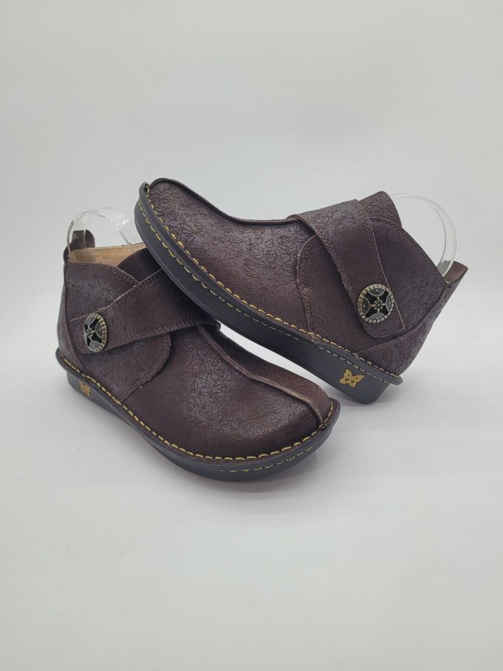 NWOB Alegria Caiti Cocoa Leather Rose Embossed Tooled Leather Booties Size 38